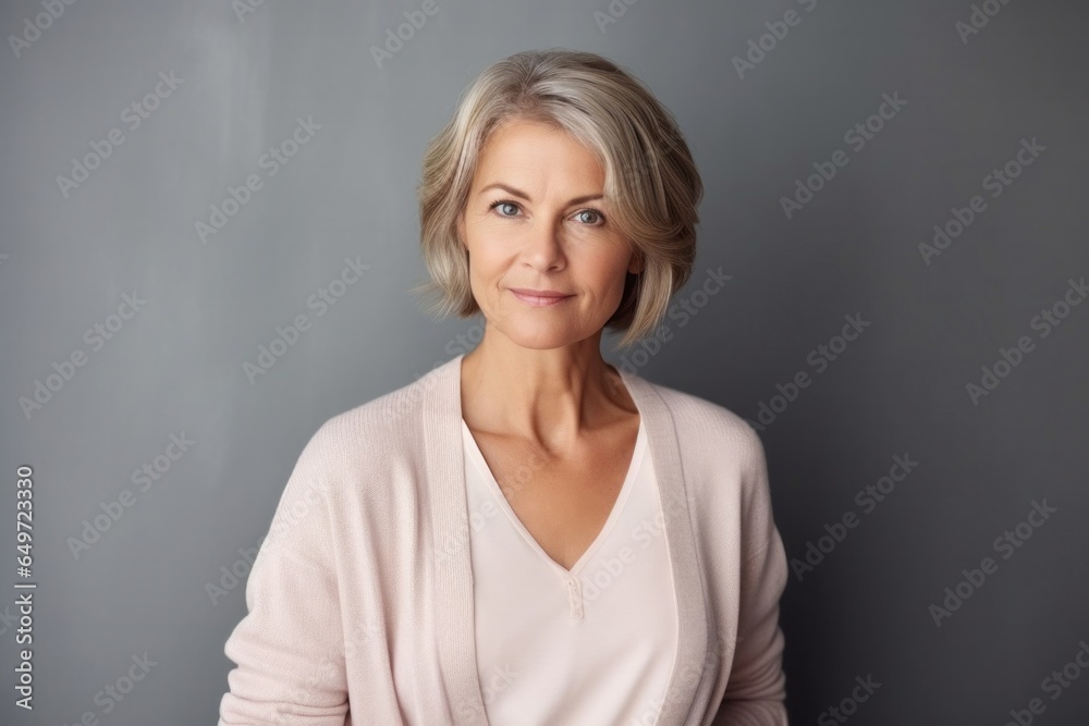 medium shot portrait of a confident Polish woman in her 50s wearing a chic cardigan against a minimalist or empty room background medium shot portrait of a confident Polish woman in her 50s wearing a chic cardigan against a minimalist or empty room background