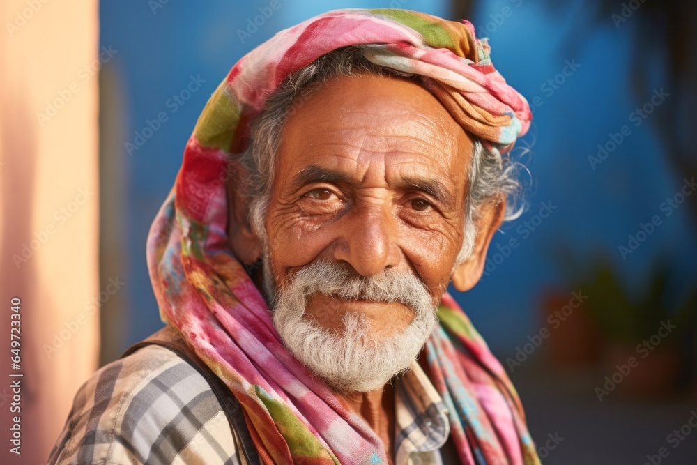 Portrait of a confident Mexican man in his 80s wearing a foulard against an abstract background Portrait of a confident Mexican man in his 80s wearing a foulard against an abstract background