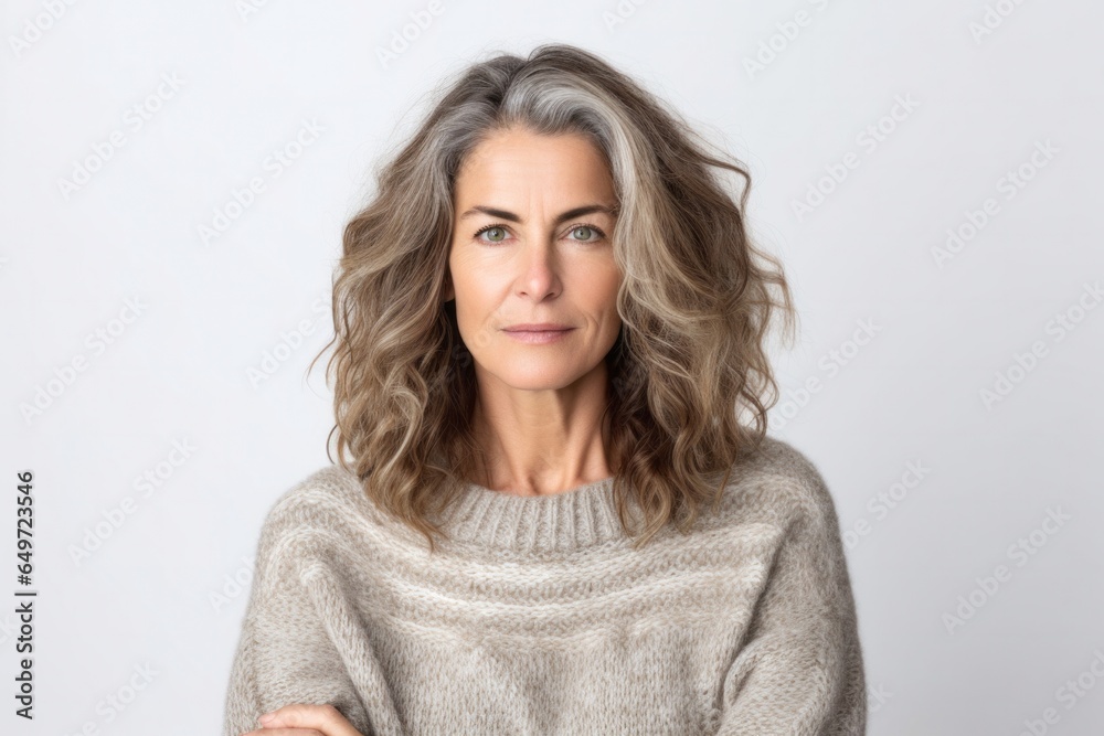 medium shot portrait of a serious, Israeli woman in her 40s wearing a cozy sweater against a white background medium shot portrait of a serious, Israeli woman in her 40s wearing a cozy sweater against a white background