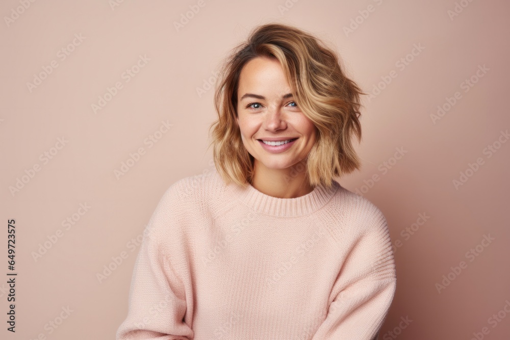 Portrait of a confident Polish woman in her 30s wearing a cozy sweater against a pastel or soft colors background Portrait of a confident Polish woman in her 30s wearing a cozy sweater against a pastel or soft colors background