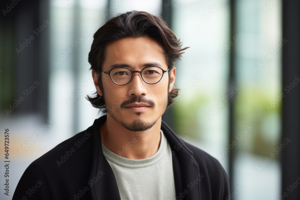 medium shot portrait of a serious, Japanese man in his 30s wearing a chic cardigan against an abstract background medium shot portrait of a serious, Japanese man in his 30s wearing a chic cardigan against an abstract background