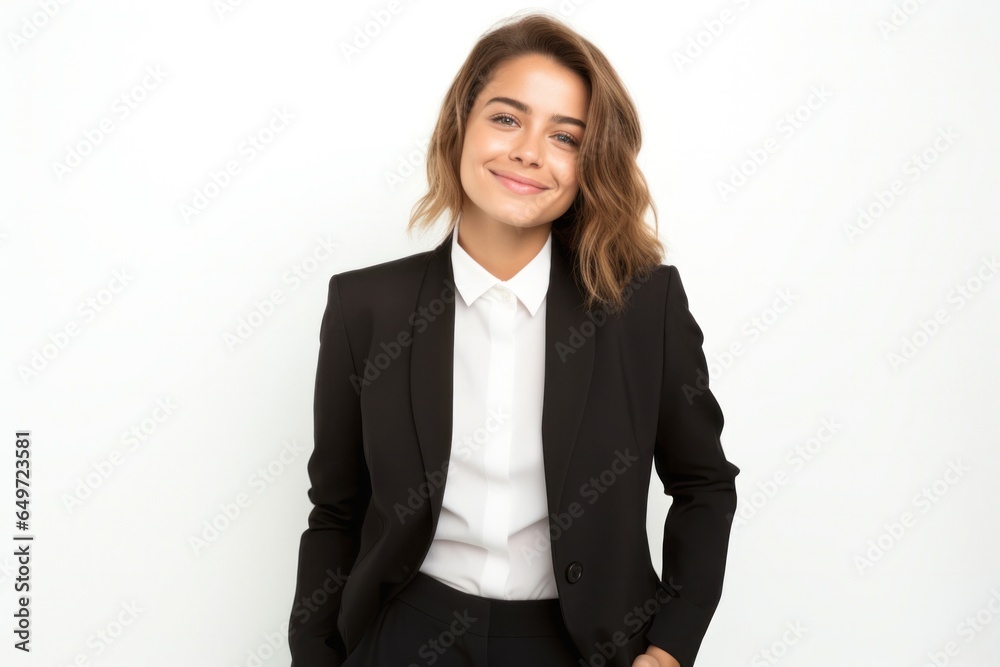 Portrait of a confident Polish woman in her 20s wearing a sleek suit against a white background Portrait of a confident Polish woman in her 20s wearing a sleek suit against a white background