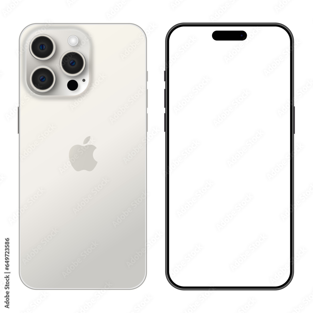 New iPhone 15 Pro White Titanium phone. Mockup screen front and back