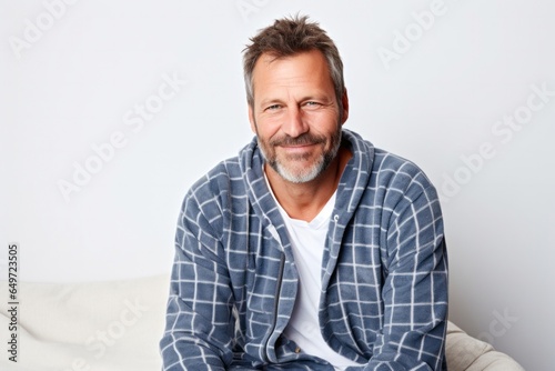 Portrait of a confident Polish man in his 40s wearing a snuggly pajama set against a white background