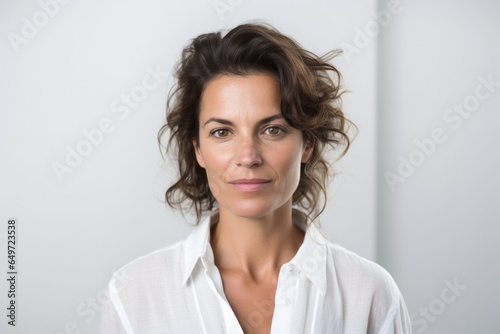medium shot portrait of a serious, Israeli woman in her 40s wearing a chic cardigan against a white background
