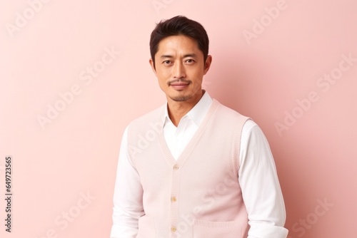 medium shot portrait of a serious, Japanese man in his 30s wearing a chic cardigan against a pastel or soft colors background © Leon Waltz