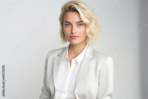 Portrait of a confident Polish woman in her 20s wearing a sleek suit against a white background