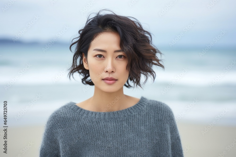 medium shot portrait of a serious, Japanese woman in her 30s wearing a cozy sweater against a beach background