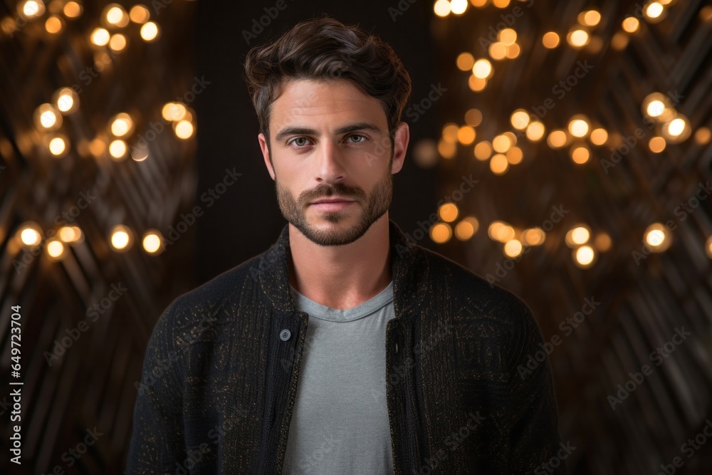 Portrait of a serious, Israeli man in his 20s wearing a chic cardigan against an abstract background Portrait of a serious, Israeli man in his 20s wearing a chic cardigan against an abstract background