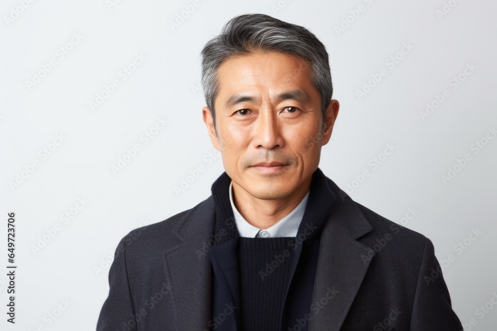 medium shot portrait of a serious, Japanese man in his 50s wearing a chic cardigan against a white background medium shot portrait of a serious, Japanese man in his 50s wearing a chic cardigan against a white background