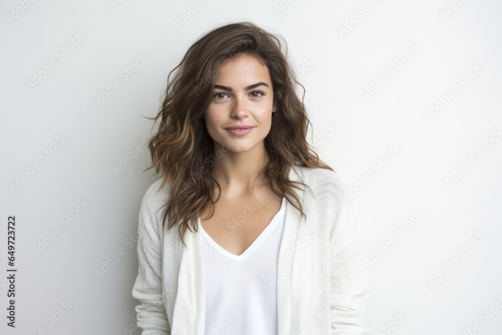 Portrait of a serious, Israeli woman in her 20s wearing a chic cardigan against a white background Portrait of a serious, Israeli woman in her 20s wearing a chic cardigan against a white background
