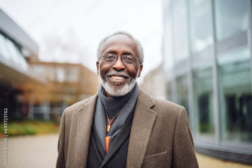 Portrait of a serious, Kenyan man in his 70s wearing a chic cardigan against a modern architectural background