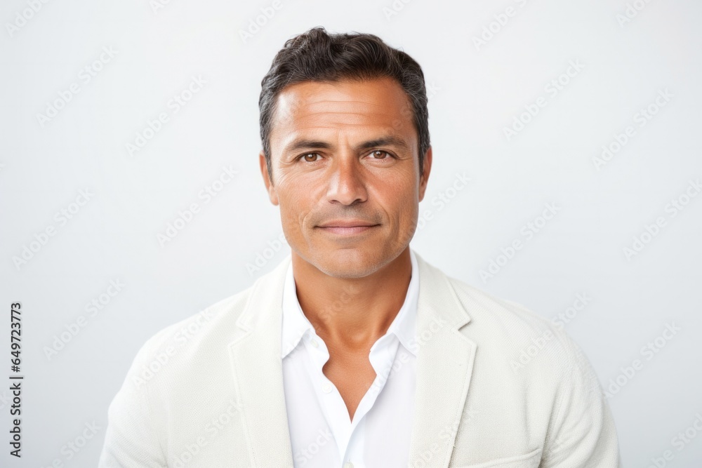 Portrait of a serious, Mexican man in his 40s wearing a chic cardigan against a white background Portrait of a serious, Mexican man in his 40s wearing a chic cardigan against a white background