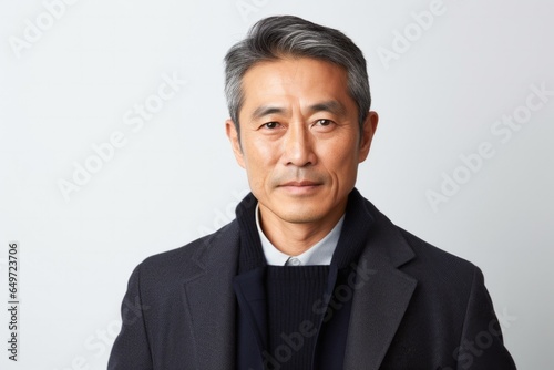 medium shot portrait of a serious, Japanese man in his 50s wearing a chic cardigan against a white background