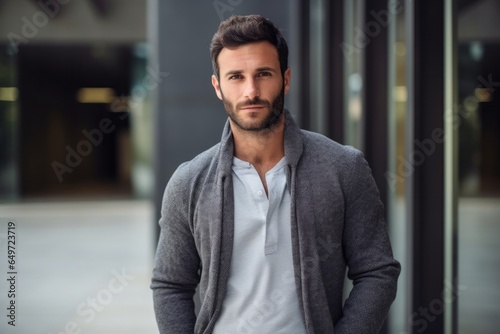 Portrait of a serious, Israeli man in his 30s wearing a chic cardigan against a modern architectural background photo