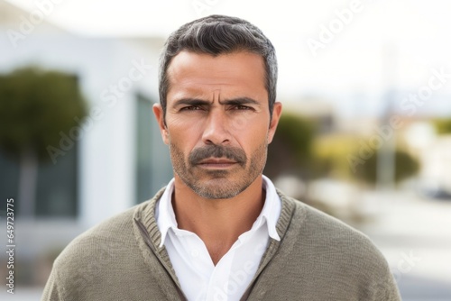 Portrait of a serious, Mexican man in his 40s wearing a chic cardigan against a white background