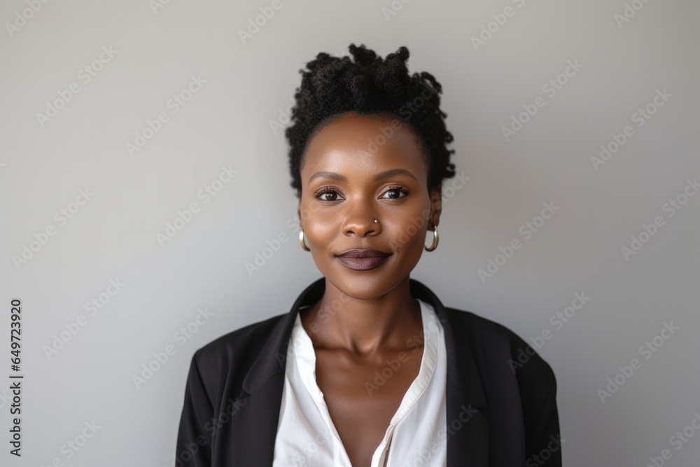 Portrait of a Kenyan woman in her 30s wearing a chic cardigan against a minimalist or empty room background Portrait of a Kenyan woman in her 30s wearing a chic cardigan against a minimalist or empty room background