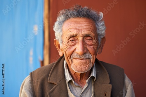 medium shot portrait of a 100-year-old elderly Mexican man wearing a chic cardigan against an abstract background photo
