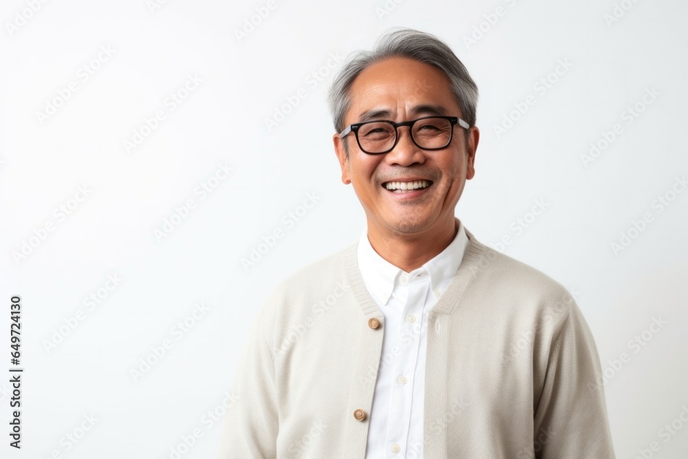 medium shot portrait of a happy Filipino man in his 50s wearing a chic cardigan against a white background medium shot portrait of a happy Filipino man in his 50s wearing a chic cardigan against a white background