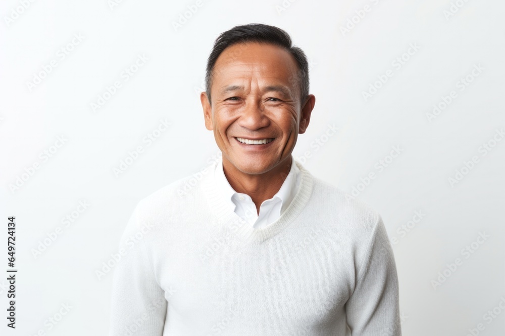 medium shot portrait of a happy Filipino man in his 50s wearing a chic cardigan against a white background