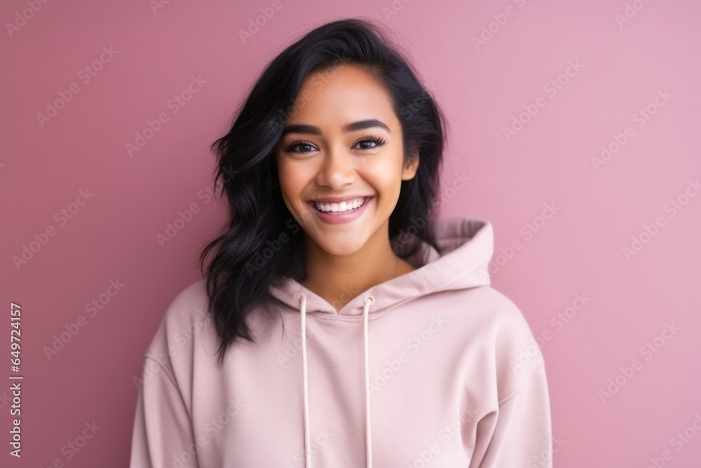 medium shot portrait of a happy Filipino woman in her 20s wearing a stylish hoodie against an abstract background