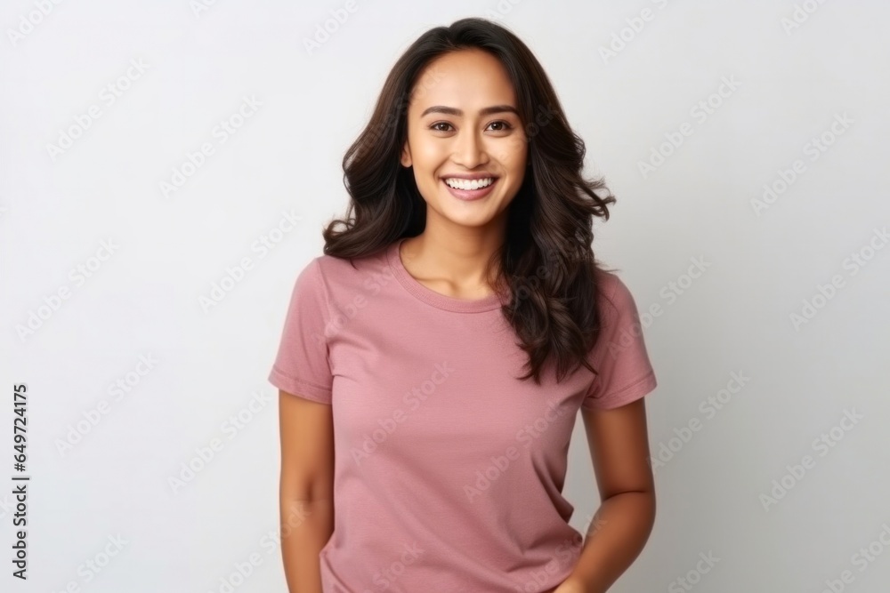 medium shot portrait of a happy Filipino woman in her 30s wearing a casual t-shirt against a white background medium shot portrait of a happy Filipino woman in her 30s wearing a casual t-shirt against a white background