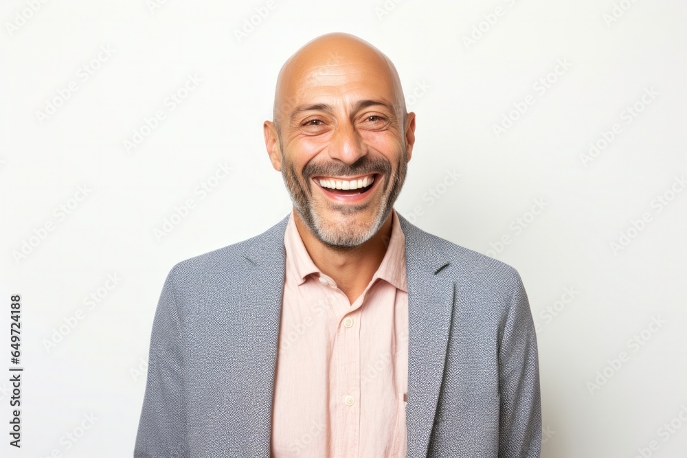 medium shot portrait of a happy Israeli man in his 40s wearing a chic cardigan against a white background medium shot portrait of a happy Israeli man in his 40s wearing a chic cardigan against a white background