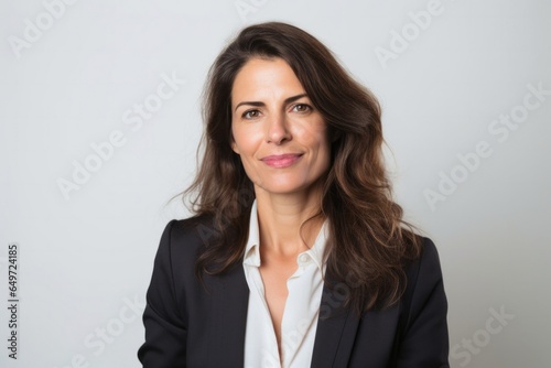 medium shot portrait of a Israeli woman in her 40s wearing a classic blazer against a white background photo