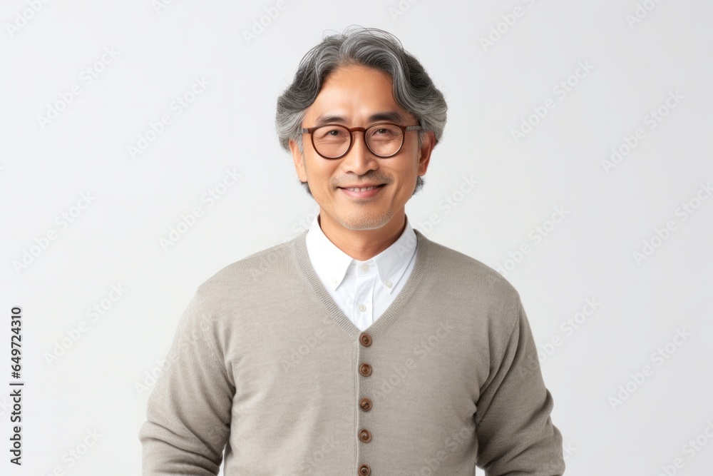 medium shot portrait of a happy Japanese man in his 40s wearing a chic cardigan against a white background medium shot portrait of a happy Japanese man in his 40s wearing a chic cardigan against a white background