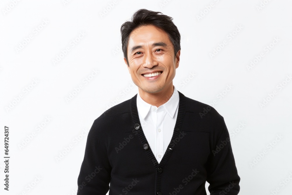 medium shot portrait of a happy Japanese man in his 40s wearing a chic cardigan against a white background medium shot portrait of a happy Japanese man in his 40s wearing a chic cardigan against a white background