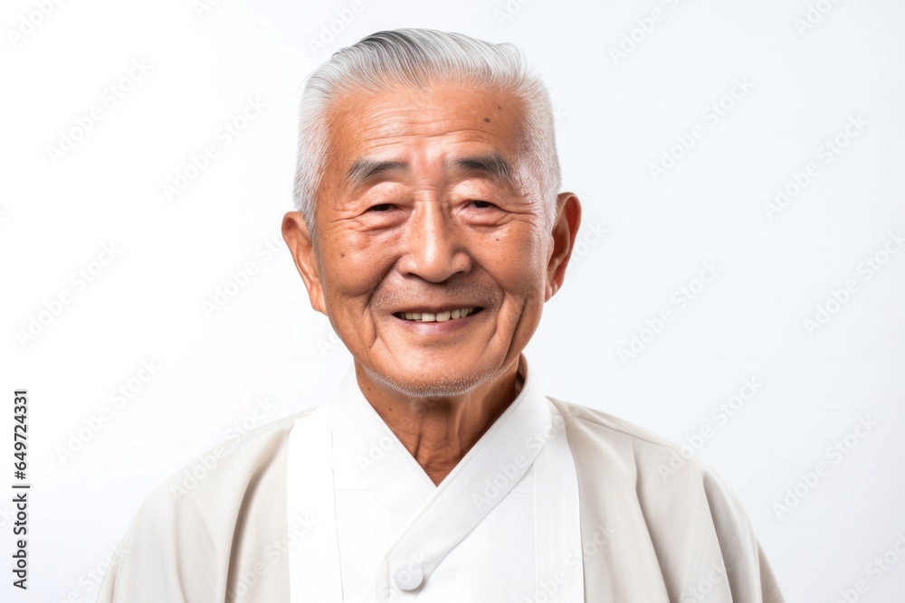 medium shot portrait of a happy Japanese man in his 90s wearing a simple tunic against a white background medium shot portrait of a happy Japanese man in his 90s wearing a simple tunic against a white background