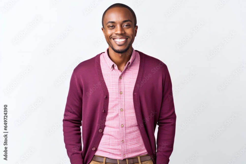 medium shot portrait of a happy Kenyan man in his 30s wearing a chic cardigan against a white background medium shot portrait of a happy Kenyan man in his 30s wearing a chic cardigan against a white background