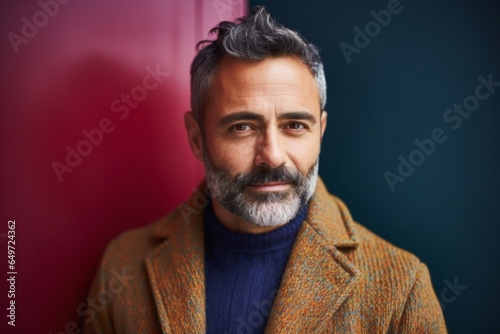 medium shot portrait of a Mexican man in his 40s wearing a chic cardigan against an abstract background