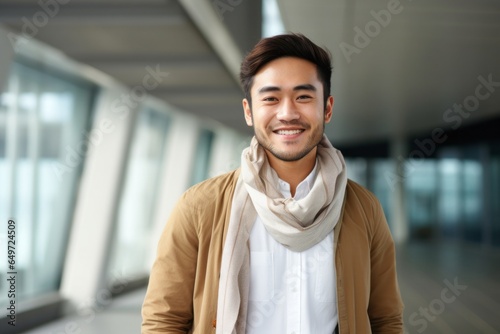 portrait of a happy Filipino man in his 20s wearing a foulard against a modern architectural background