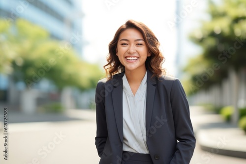 portrait of a happy Filipino woman in her 30s wearing a sleek suit against a white background