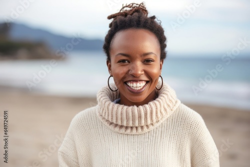 medium shot portrait of a happy Kenyan woman in her 30s wearing a cozy sweater against a beach background photo