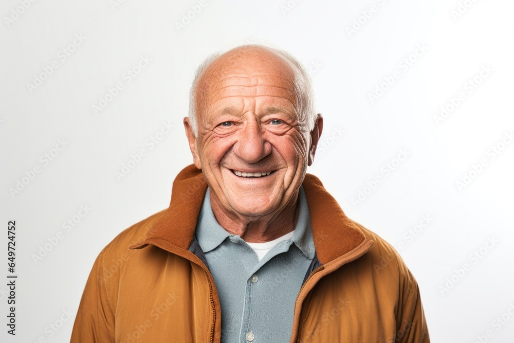 portrait of a happy Israeli man in his 60s wearing a chic cardigan against a white background portrait of a happy Israeli man in his 60s wearing a chic cardigan against a white background