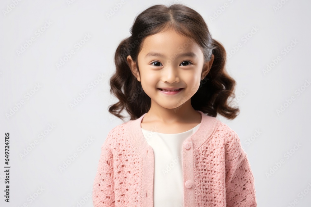 medium shot portrait of a happy Filipino child female wearing a chic cardigan against a white background medium shot portrait of a happy Filipino child female wearing a chic cardigan against a white background