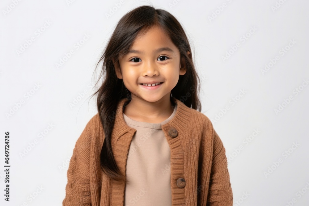 medium shot portrait of a happy Filipino child female wearing a chic cardigan against a white background medium shot portrait of a happy Filipino child female wearing a chic cardigan against a white background
