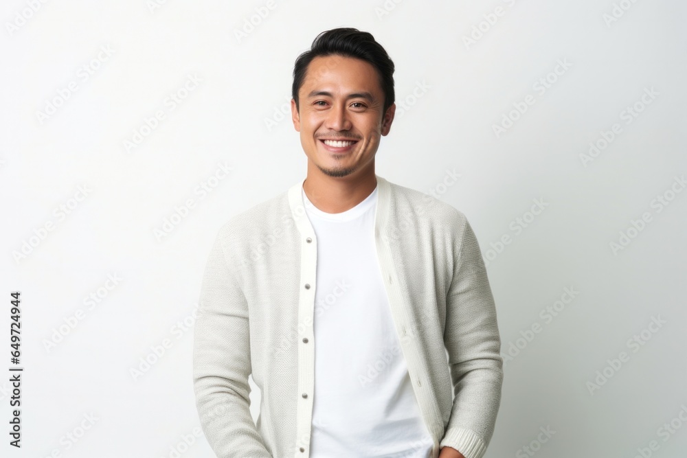 medium shot portrait of a happy Filipino man in his 30s wearing a chic cardigan against a white background medium shot portrait of a happy Filipino man in his 30s wearing a chic cardigan against a white background