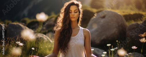 Beautiful woman do meditation sitting in the middle of nature outdoor.