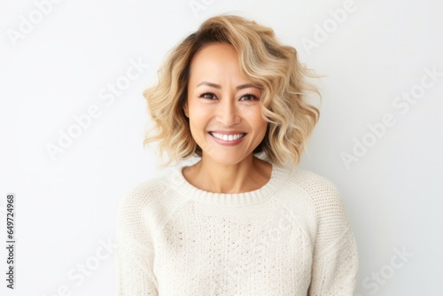 portrait of a happy Japanese woman in her 30s wearing a cozy sweater against a white background