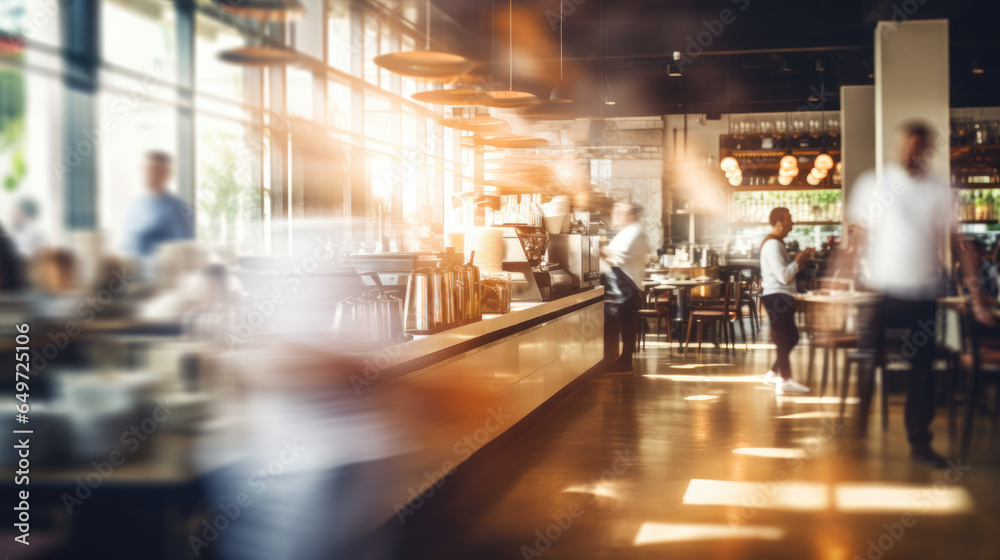 Empty wooden table space platform and blurry defocused restaurant interior, Vintage tone. 