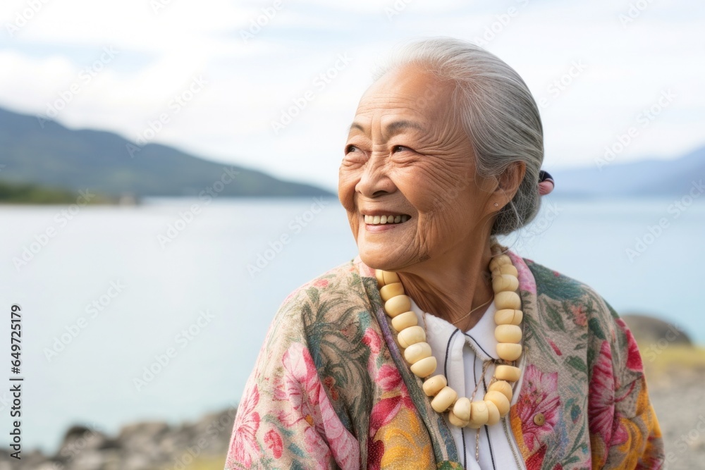 medium shot portrait of a happy Filipino woman in her 90s wearing a chic cardigan against a beach background