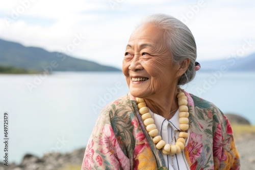 medium shot portrait of a happy Filipino woman in her 90s wearing a chic cardigan against a beach background © Anne-Marie Albrecht