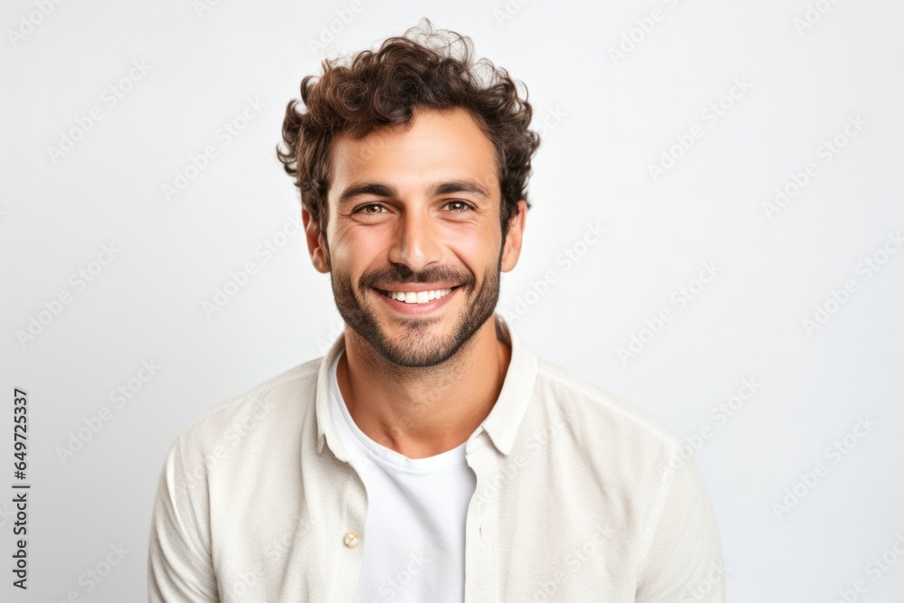 medium shot portrait of a happy Israeli man in his 30s wearing a chic cardigan against a white background medium shot portrait of a happy Israeli man in his 30s wearing a chic cardigan against a white background