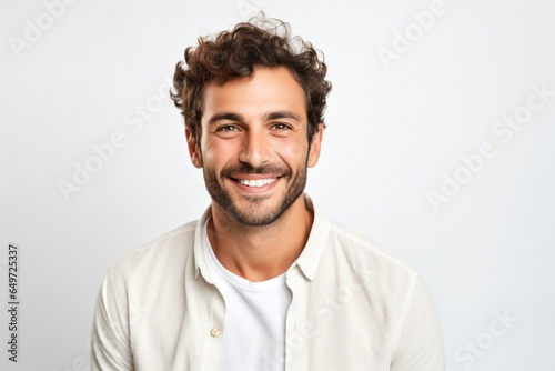 medium shot portrait of a happy Israeli man in his 30s wearing a chic cardigan against a white background