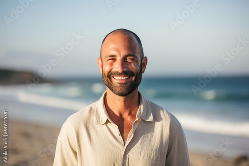 medium shot portrait of a happy Israeli man in his 40s wearing a chic cardigan against a beach background