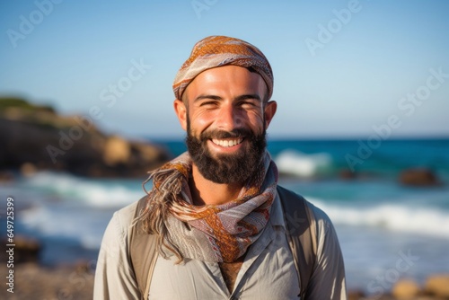 medium shot portrait of a happy Israeli man in his 40s wearing a foulard against a beach background