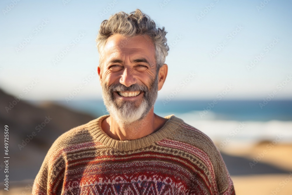medium shot portrait of a happy Israeli man in his 50s wearing a cozy sweater against a beach background